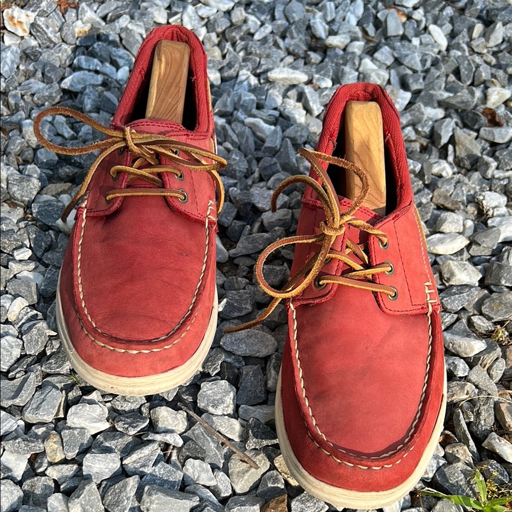 Polo by Ralph Lauren Red Leather and Textile  Boat Shoes Size 10.5